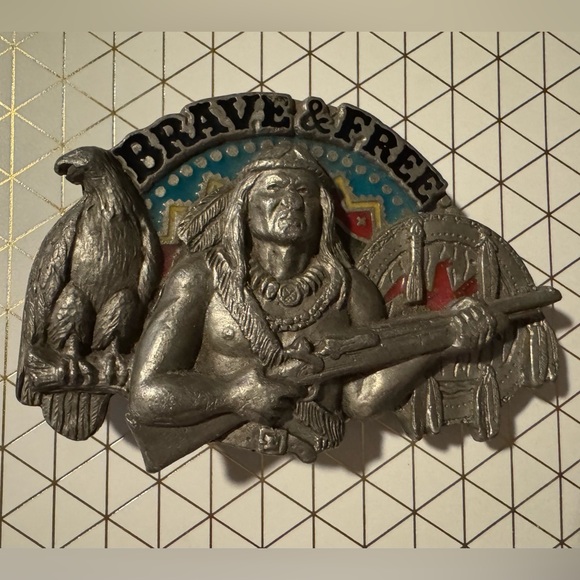 Vintage Brave & Free Native American Silver Belt Buckle - Picture 1 of 3